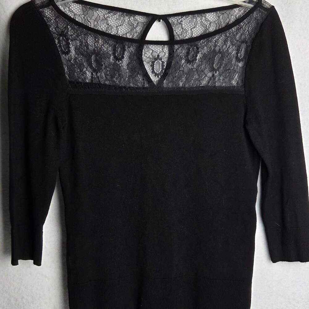 WHBM Lace Keyhole Neck and Ribbed Black Fitted 3/4 Sleeve Sweater XS